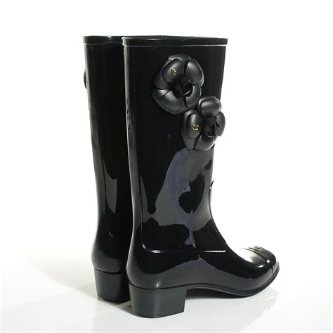 CHANEL Rubber Camellia Rain Boots 38 Black .